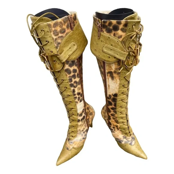 Christian Dior CD Logo Green Cheetah Print Boots 36 - Picture 2 of 6